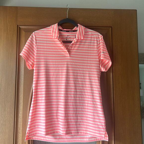 Pink and white striped Nike Dri Fit Golf Polo Shirt Pickleball tennis Medium‎ - Picture 2 of 4